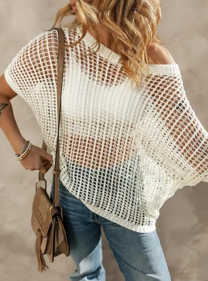 🎁2025 New Hot Sale- Womens Summer Scoop Neck Short Sleeve Sweater Casual Crochet Hollow Out Knit Tops Pullover Shirts Beach Coverup