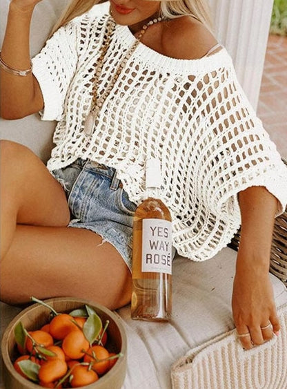 🎁2025 New Hot Sale- Womens Summer Scoop Neck Short Sleeve Sweater Casual Crochet Hollow Out Knit Tops Pullover Shirts Beach Coverup