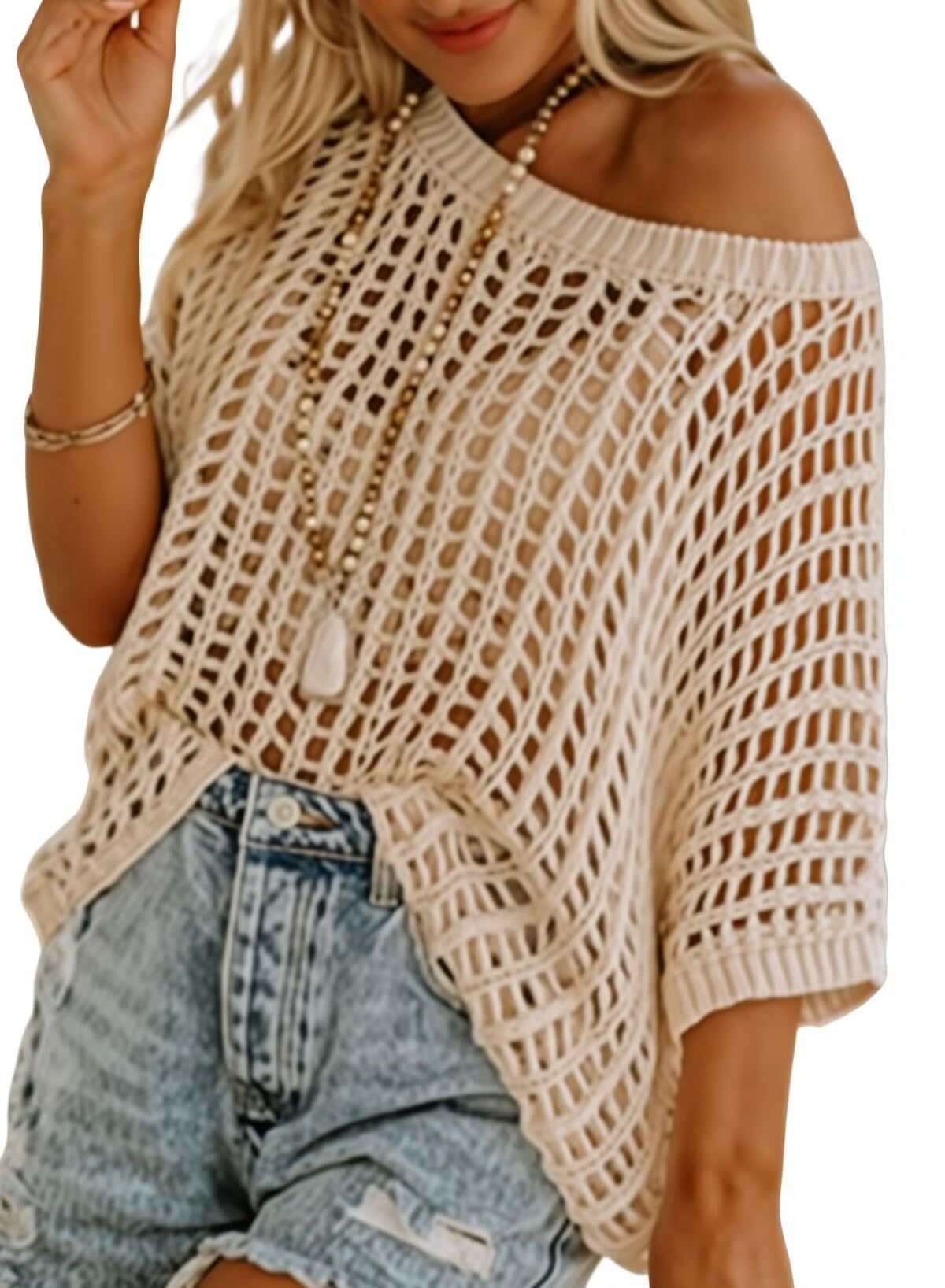 🎁2025 New Hot Sale- Womens Summer Scoop Neck Short Sleeve Sweater Casual Crochet Hollow Out Knit Tops Pullover Shirts Beach Coverup